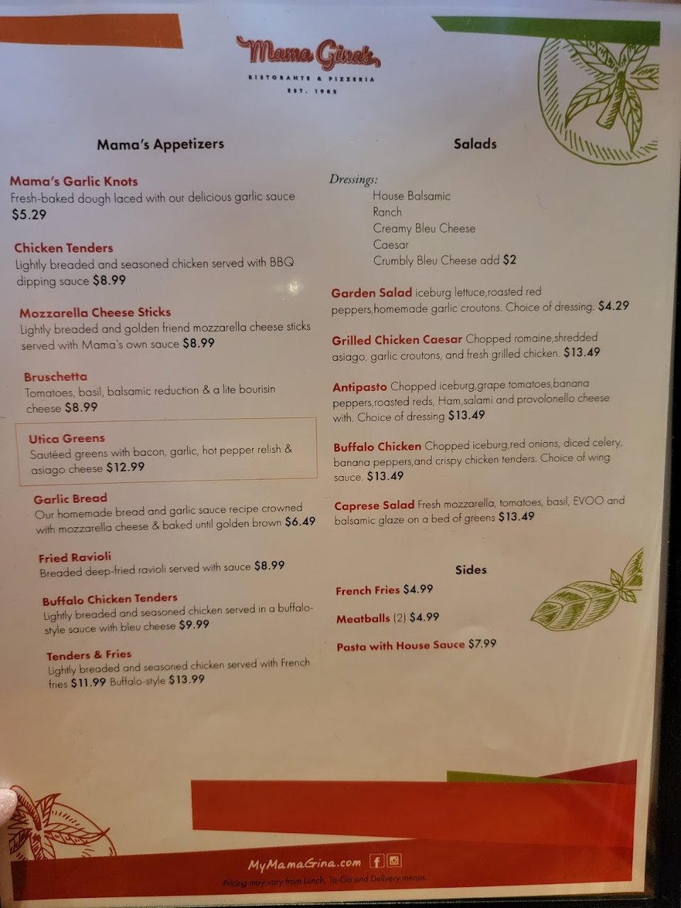 Printed menu with pizza and sandwich options.