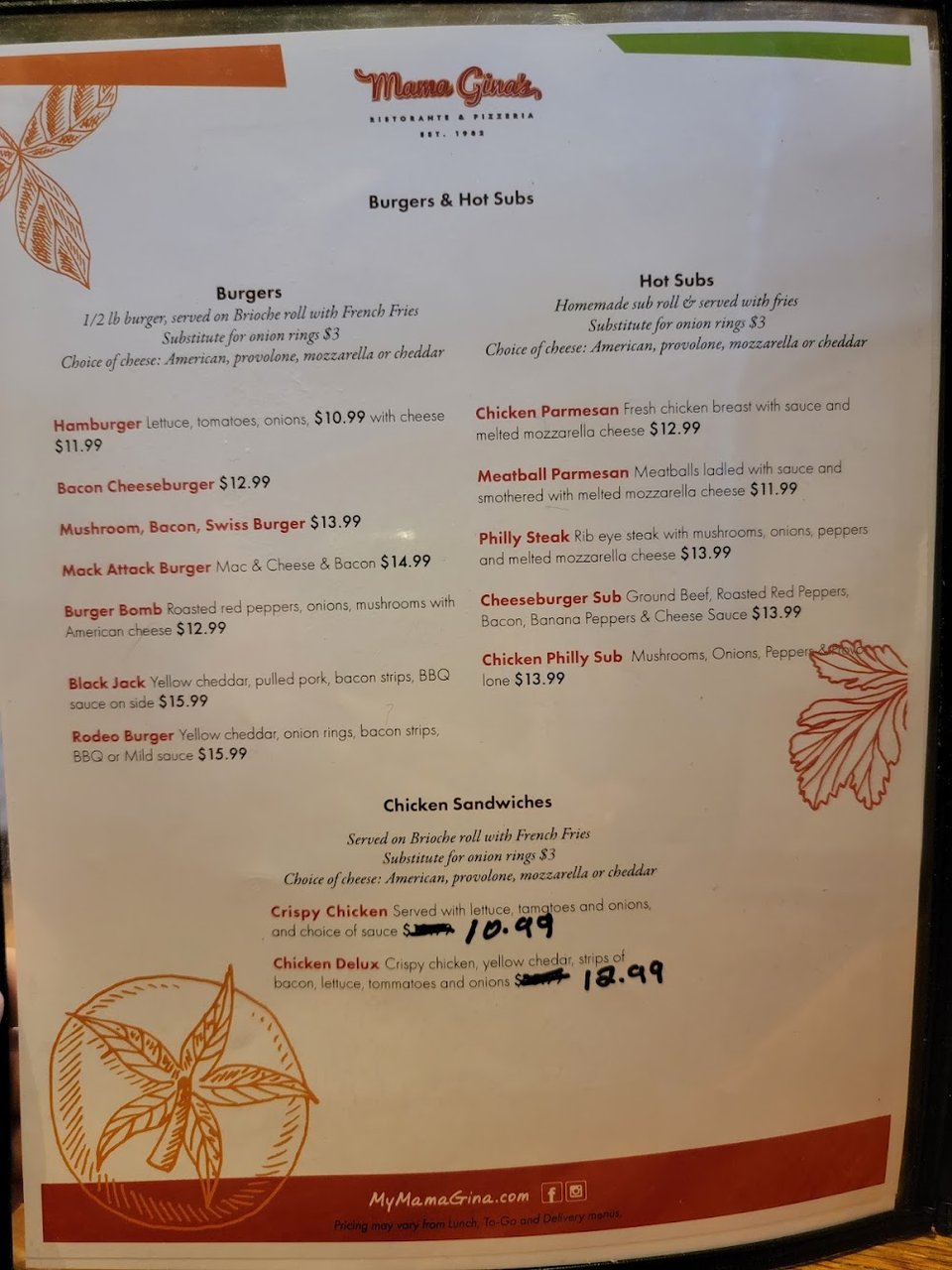 Restaurant menu with personal pizzas listed.